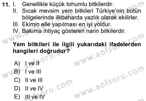 Tarla Bitkileri 2 Dersi 2023 - 2024 Yılı Yaz Okulu Sınav Soruları 11. Soru