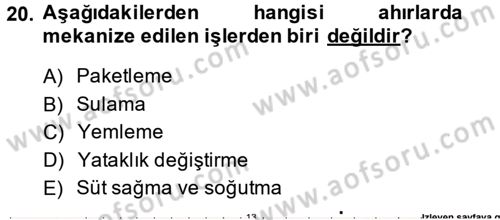 Tarım Alet ve Makinaları Dersi 2013 - 2014 Yılı Tek Ders Sınav Soruları 20. Soru
