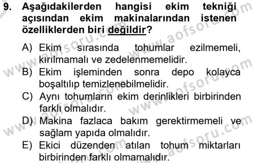 Tarım Alet ve Makinaları Dersi 2013 - 2014 Yılı Tek Ders Sınav Soruları 9. Soru