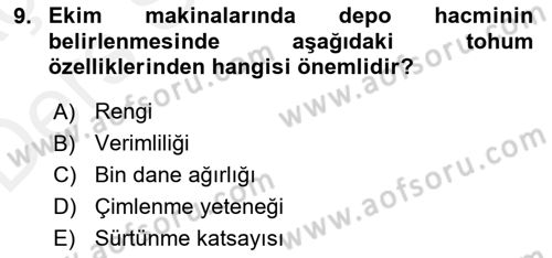 Tarım Alet ve Makinaları Dersi 2017 - 2018 Yılı 3 Ders Sınav Soruları 9. Soru