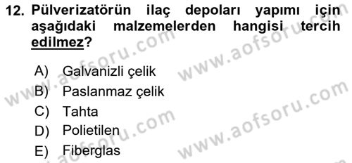 Tarım Alet ve Makinaları Dersi 2018 - 2019 Yılı 3 Ders Sınav Soruları 12. Soru