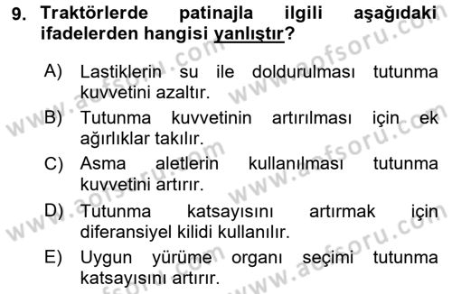 Tarım Alet ve Makinaları Dersi 2018 - 2019 Yılı (Vize) Ara Sınav Soruları 9. Soru