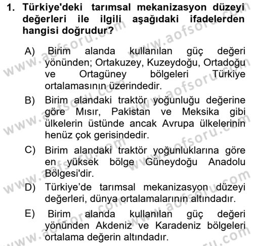 Tarım Alet ve Makinaları Dersi 2020 - 2021 Yılı Yaz Okulu Sınav Soruları 1. Soru
