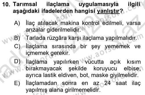 Tarım Alet ve Makinaları Dersi 2020 - 2021 Yılı Yaz Okulu Sınav Soruları 10. Soru