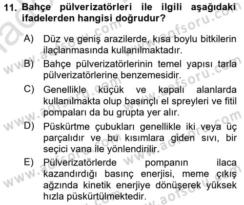 Tarım Alet ve Makinaları Dersi 2022 - 2023 Yılı Yaz Okulu Sınav Soruları 11. Soru