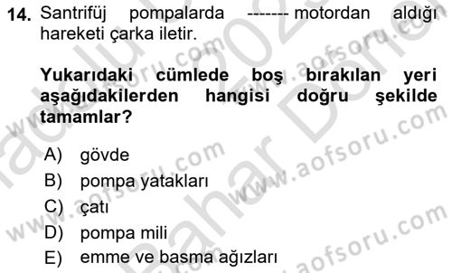 Tarım Alet ve Makinaları Dersi 2023 - 2024 Yılı (Final) Dönem Sonu Sınav Soruları 14. Soru
