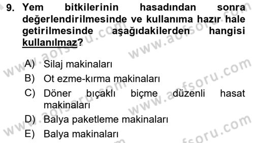 Tarım Alet ve Makinaları Dersi 2023 - 2024 Yılı (Final) Dönem Sonu Sınav Soruları 9. Soru
