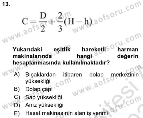 Tarım Alet ve Makinaları Dersi 2023 - 2024 Yılı Yaz Okulu Sınav Soruları 13. Soru