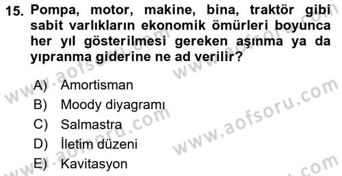 Tarım Alet ve Makinaları Dersi 2023 - 2024 Yılı Yaz Okulu Sınav Soruları 15. Soru