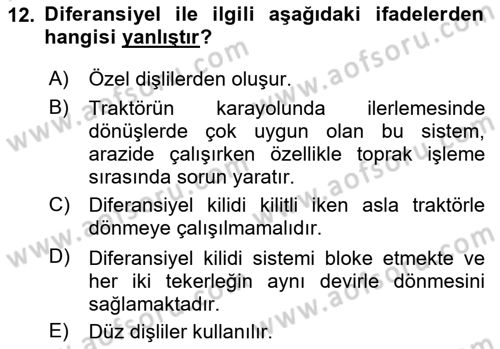Tarım Alet ve Makinaları Dersi 2024 - 2025 Yılı (Vize) Ara Sınav Soruları 12. Soru