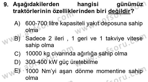 Tarım Alet ve Makinaları Dersi 2024 - 2025 Yılı (Vize) Ara Sınav Soruları 9. Soru