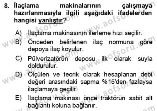 Tarım Alet ve Makinaları Dersi 2024 - 2025 Yılı (Final) Dönem Sonu Sınav Soruları 8. Soru