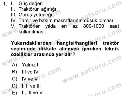 Tarım Alet ve Makinaları Dersi 2024 - 2025 Yılı Yaz Okulu Sınav Soruları 1. Soru