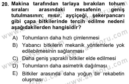 Tarım Alet ve Makinaları Dersi 2025 - 2026 Yılı (Vize) Ara Sınav Soruları 20. Soru