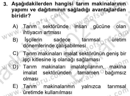 Tarım Alet ve Makinaları Dersi 2025 - 2026 Yılı (Vize) Ara Sınav Soruları 3. Soru