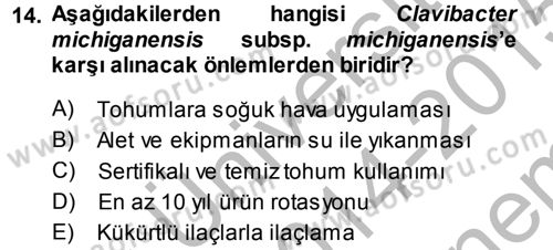 Fitopatoloji Dersi 2014 - 2015 Yılı (Final) Dönem Sonu Sınav Soruları 14. Soru