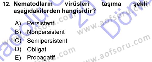 Fitopatoloji Dersi 2015 - 2016 Yılı (Final) Dönem Sonu Sınav Soruları 12. Soru