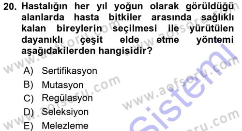 Fitopatoloji Dersi 2015 - 2016 Yılı (Final) Dönem Sonu Sınav Soruları 20. Soru