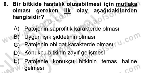 Fitopatoloji Dersi 2017 - 2018 Yılı (Vize) Ara Sınav Soruları 8. Soru