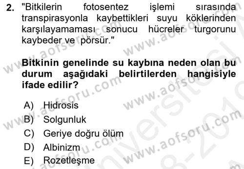 Fitopatoloji Dersi 2018 - 2019 Yılı (Vize) Ara Sınav Soruları 2. Soru