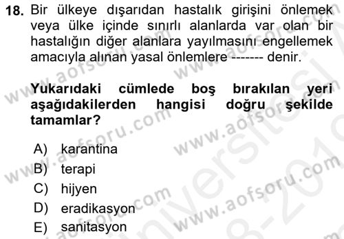 Fitopatoloji Dersi 2018 - 2019 Yılı (Final) Dönem Sonu Sınav Soruları 18. Soru