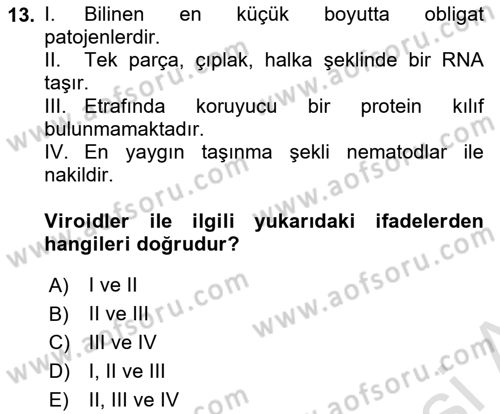 Fitopatoloji Dersi 2020 - 2021 Yılı Yaz Okulu Sınav Soruları 13. Soru