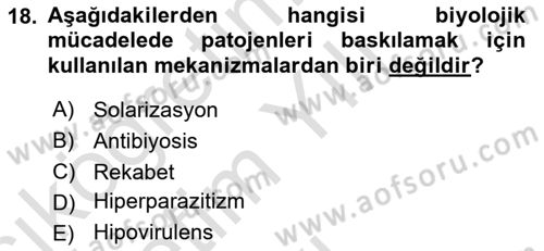 Fitopatoloji Dersi 2020 - 2021 Yılı Yaz Okulu Sınav Soruları 18. Soru