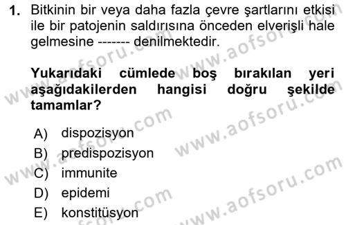 Fitopatoloji Dersi 2021 - 2022 Yılı (Vize) Ara Sınav Soruları 1. Soru