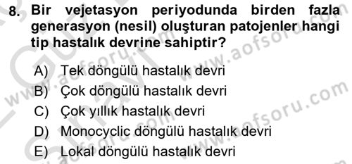 Fitopatoloji Dersi 2021 - 2022 Yılı (Vize) Ara Sınav Soruları 8. Soru