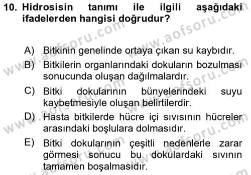 Fitopatoloji Dersi 2022 - 2023 Yılı (Vize) Ara Sınav Soruları 10. Soru
