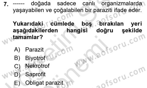 Fitopatoloji Dersi 2022 - 2023 Yılı (Vize) Ara Sınavı 7. Soru