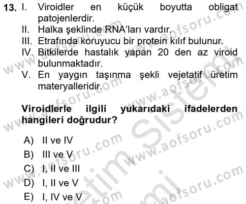 Fitopatoloji Dersi 2022 - 2023 Yılı (Final) Dönem Sonu Sınav Soruları 13. Soru