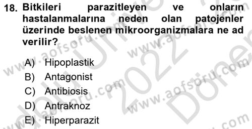 Fitopatoloji Dersi 2022 - 2023 Yılı (Final) Dönem Sonu Sınav Soruları 18. Soru