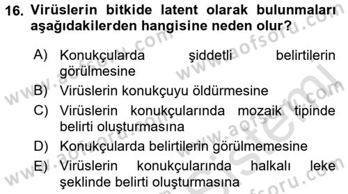 Fitopatoloji Dersi 2022 - 2023 Yılı Yaz Okulu Sınavı 16. Soru