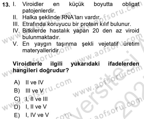 Fitopatoloji Dersi 2024 - 2025 Yılı (Final) Dönem Sonu Sınav Soruları 13. Soru