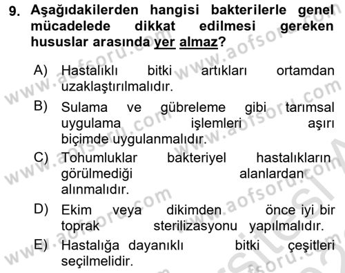 Fitopatoloji Dersi 2025 - 2026 Yılı (Final) Dönem Sonu Sınav Soruları 9. Soru