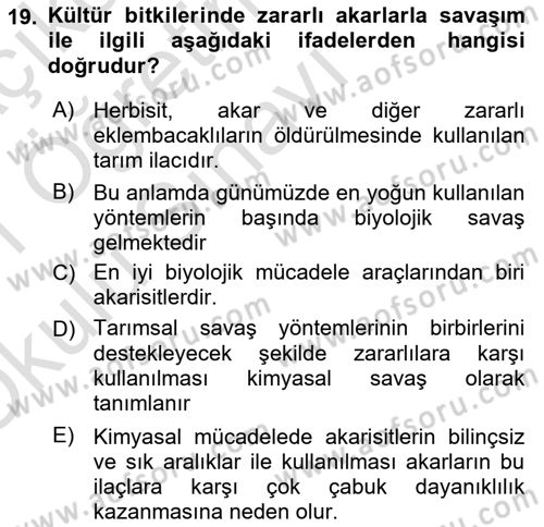 Entomoloji Dersi 2020 - 2021 Yılı Yaz Okulu Sınav Soruları 19. Soru