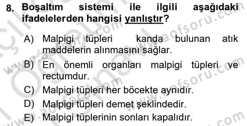 Entomoloji Dersi 2020 - 2021 Yılı Yaz Okulu Sınav Soruları 8. Soru