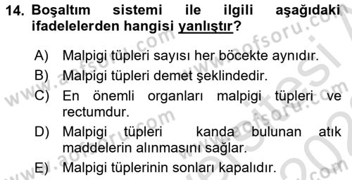 Entomoloji Dersi Ara Sınavı Deneme Sınav Soruları 14. Soru