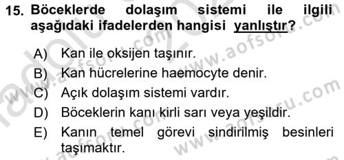 Entomoloji Dersi 2023 - 2024 Yılı (Vize) Ara Sınav Soruları 15. Soru