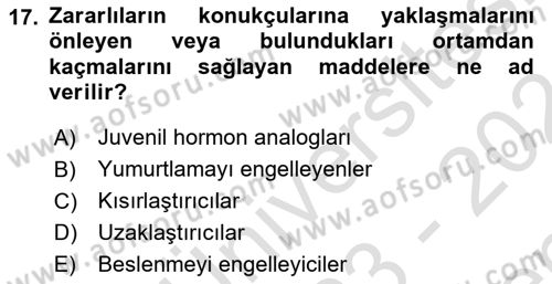 Entomoloji Dersi 2023 - 2024 Yılı (Final) Dönem Sonu Sınav Soruları 17. Soru