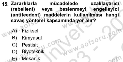 Entomoloji Dersi 2023 - 2024 Yılı Yaz Okulu Sınav Soruları 15. Soru