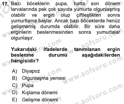 Entomoloji Dersi 2025 - 2026 Yılı (Vize) Ara Sınav Soruları 17. Soru