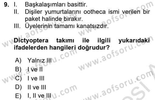 Entomoloji Dersi 2025 - 2026 Yılı (Vize) Ara Sınav Soruları 9. Soru