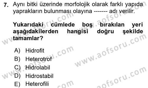 Bitki Su İlişkileri Dersi 2018 - 2019 Yılı 3 Ders Sınav Soruları 7. Soru