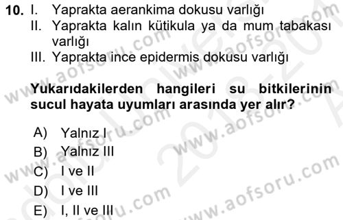 Bitki Su İlişkileri Dersi Ara Sınavı Deneme Sınav Soruları 10. Soru
