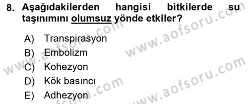 Bitki Su İlişkileri Dersi Ara Sınavı Deneme Sınav Soruları 8. Soru