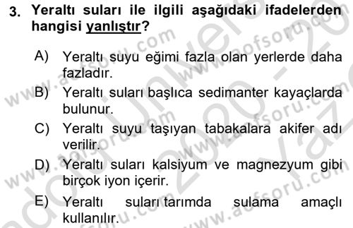 Bitki Su İlişkileri Dersi 2020 - 2021 Yılı Yaz Okulu Sınav Soruları 3. Soru