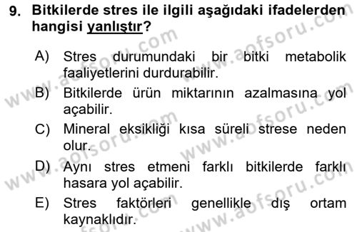Bitki Su İlişkileri Dersi 2021 - 2022 Yılı Yaz Okulu Sınav Soruları 9. Soru