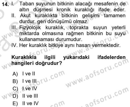Bitki Su İlişkileri Dersi Ara Sınavı Deneme Sınav Soruları 14. Soru